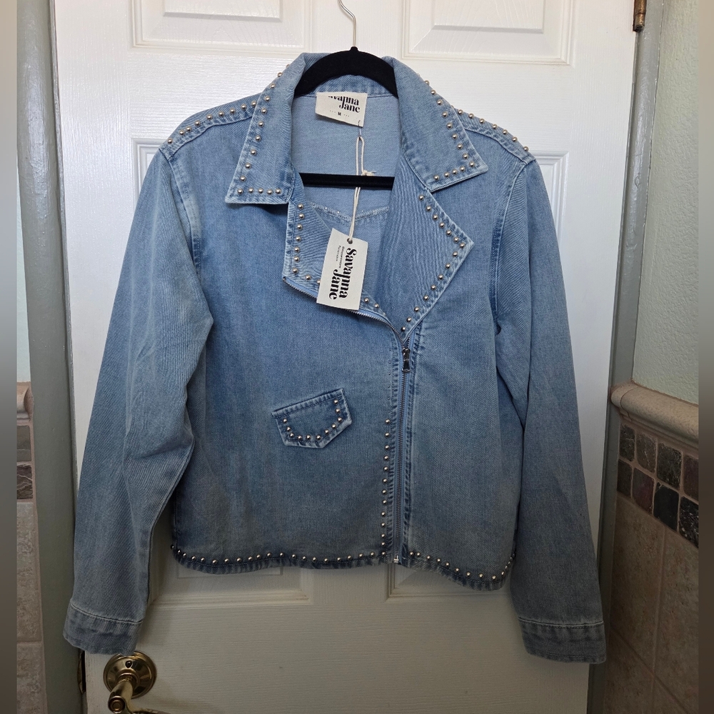 Savanna Jane Light Blue Studded Moto Style Jean Jacket Western Boho Rodeo MEDIUM